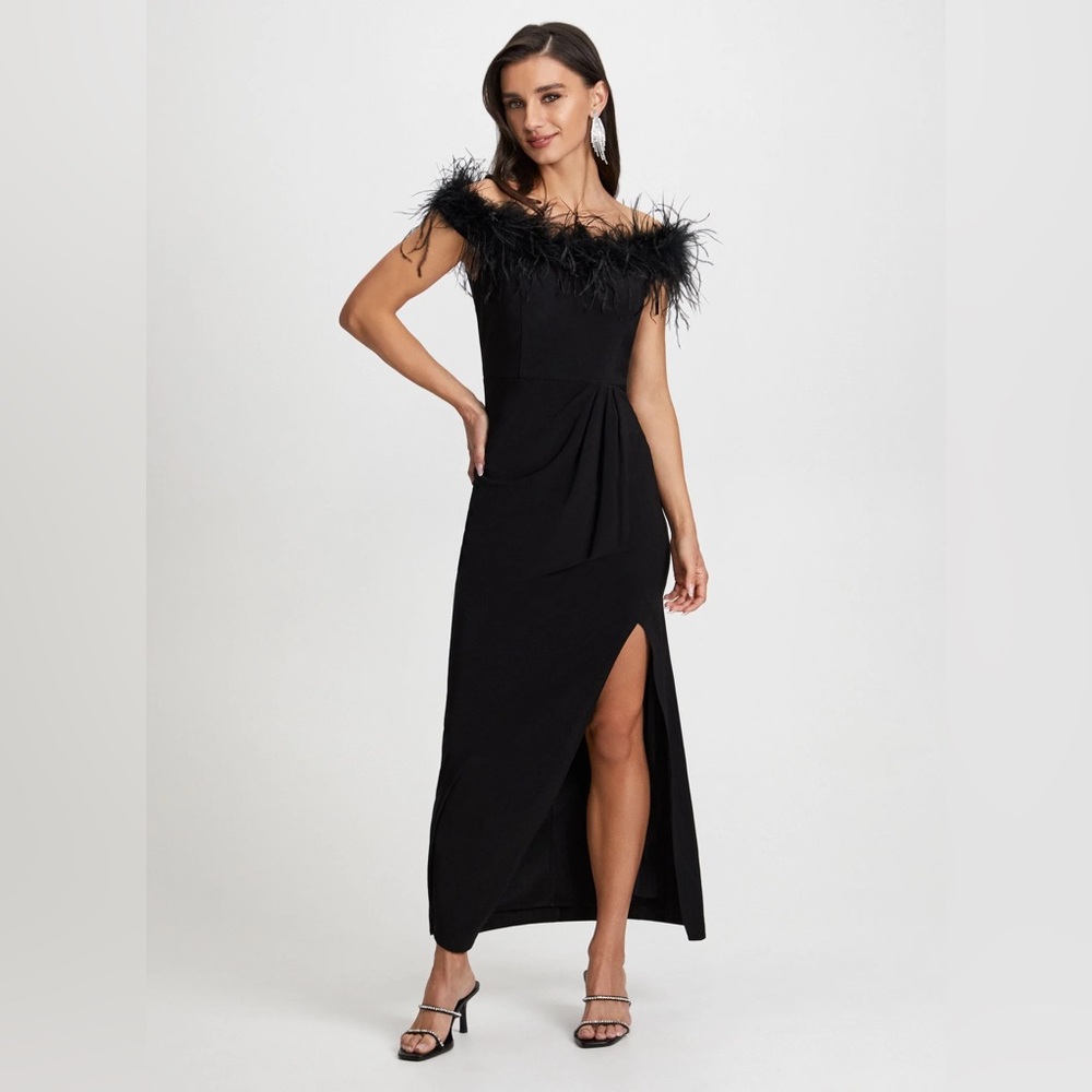 Feather Trim off the shoulder dress